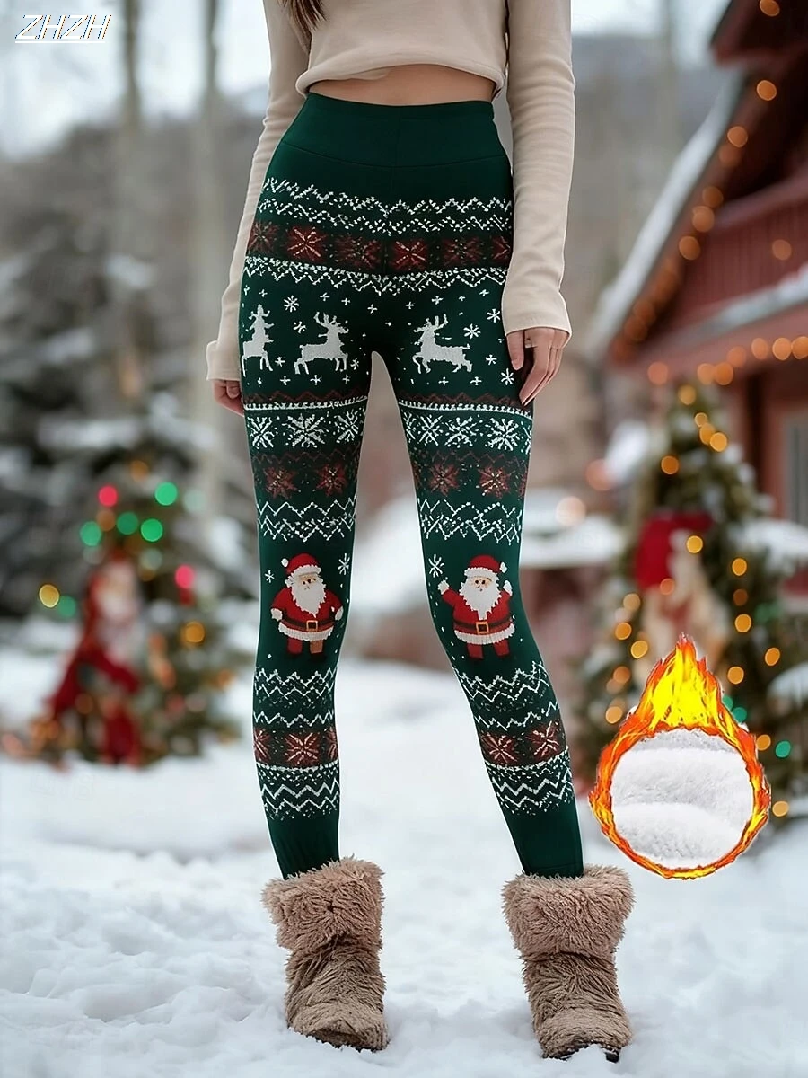 Leggings de mujer Leggings acogedores Moda Streetwear Pantalones básicos 2025 Gráfico de Navidad Impresión de copo de nieve Polar Térmico Cálido