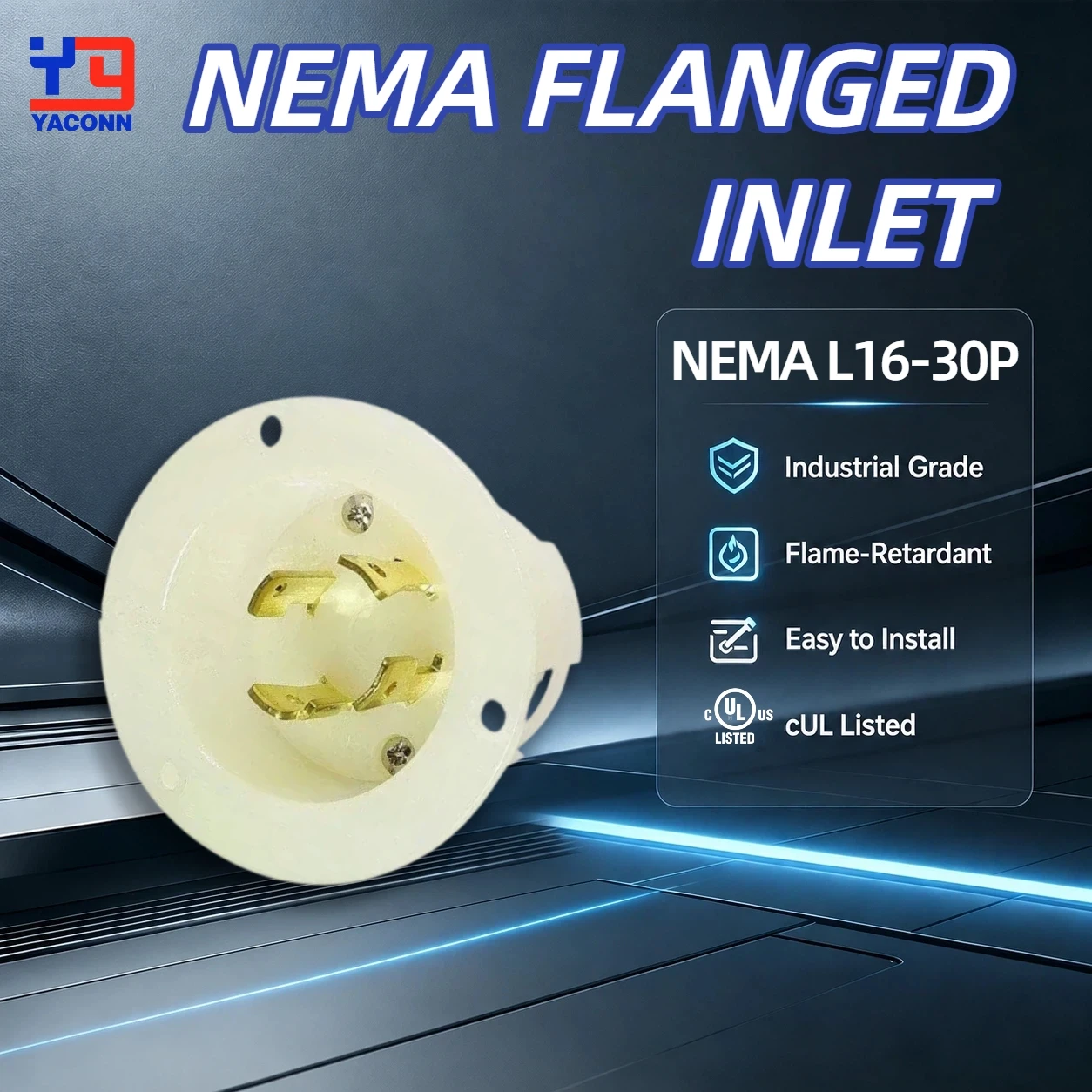 NEMA L16-30P Flanged Locking Inlet 30A 480V, 3-Pole 4-Wire Grounding Impact Resistant Industrial Grade for Marine Garage
