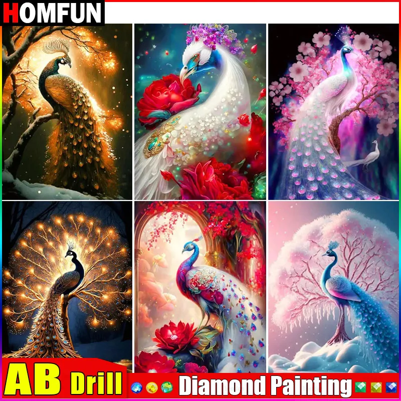 Homfun ab diy 5d pintura diamante "animal pavão" ponto cruz quadrado redondo diamante bordado handwork strass arte