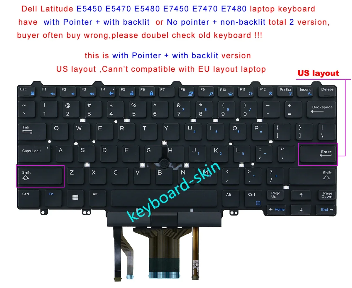 

New US keyboard backlit No-frame for Dell Latitude E5450 E5470 E5480 E7450 E7470 E7480 PK1313D4B00 SG-63020-XUA SN7230BL laptop