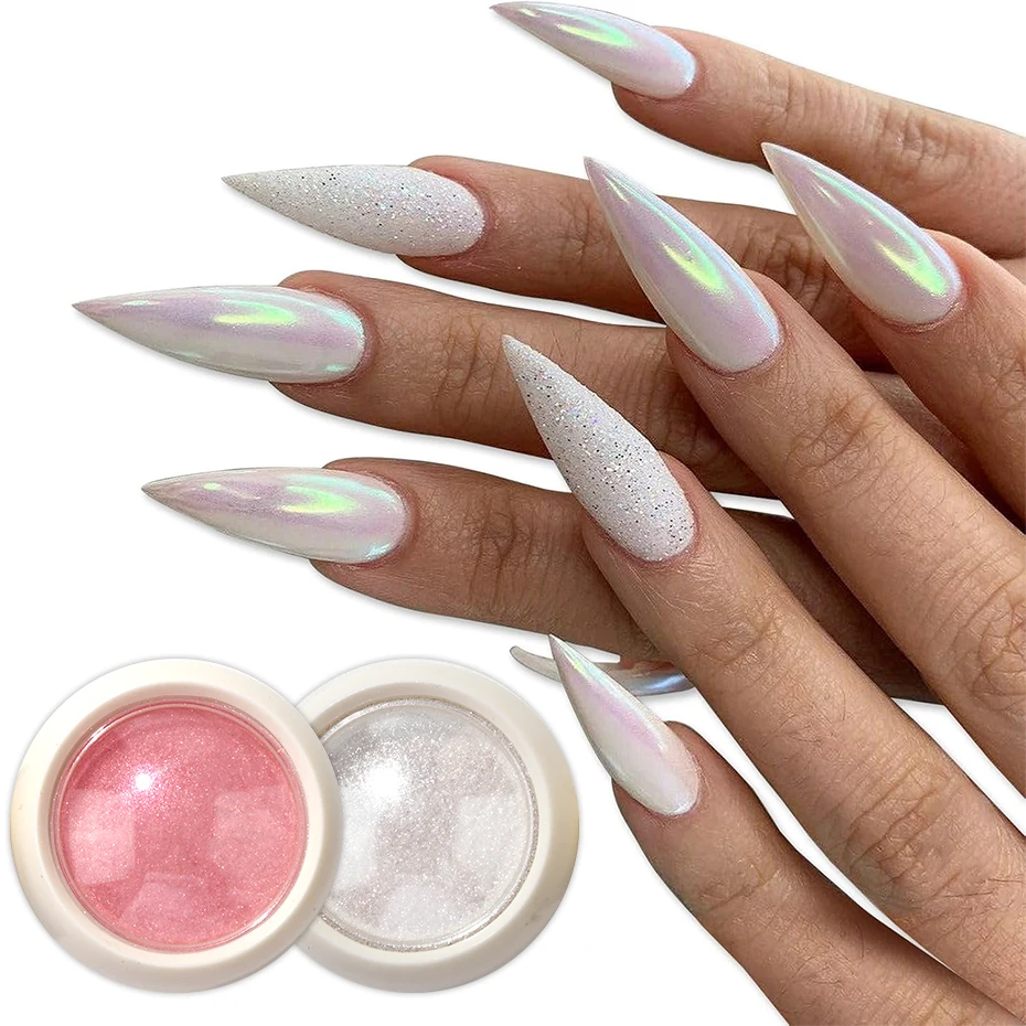 Aurora Chrome Iridescent White Pearl Nail Powder Pigment Metallic Mermaid Mirror Nail Art Glitter Rubbing Dust Manicure Decor