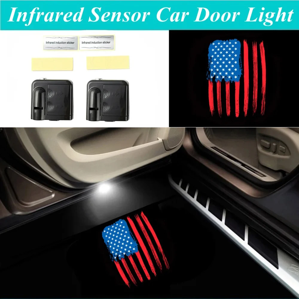 

One Set (2pcs) Car Door Wireless Infrared LED Laser Projector Vertical American US Flag Logo Welcome Shadow Lights