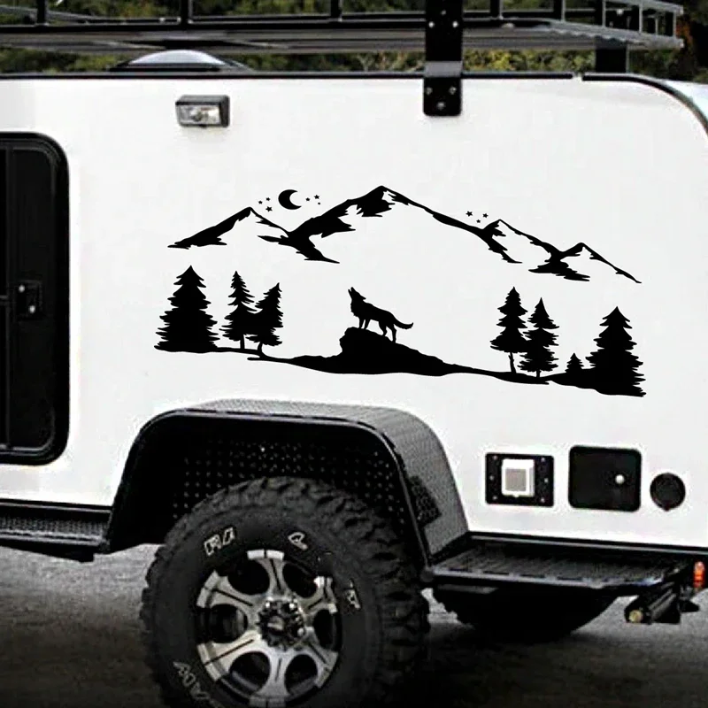 Car Vinyl Decal Stickers for SUV RV Camper Offroad Howling Wolf Car Decoration Mountains Forest Animals Moonlight