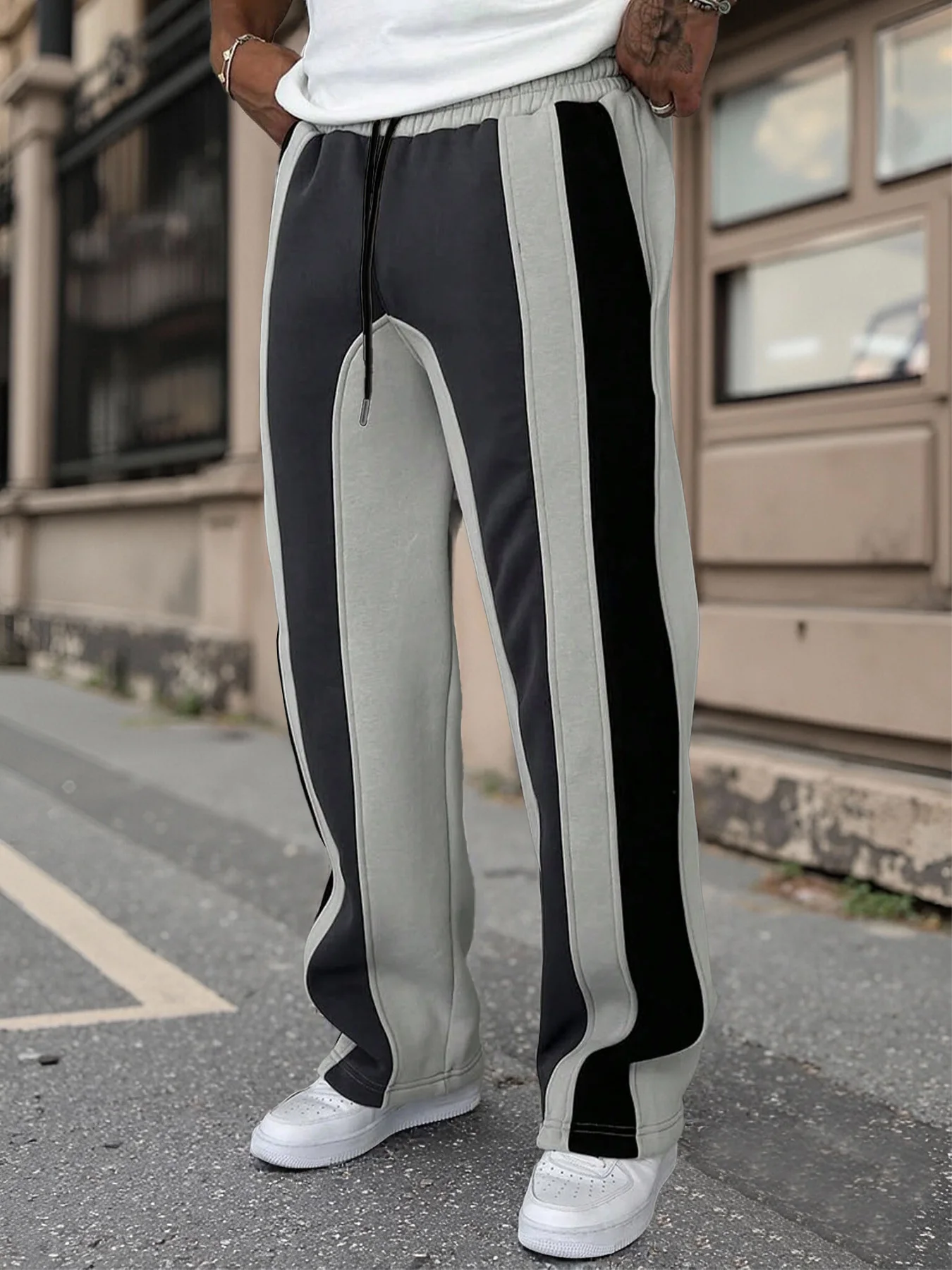 Men's Black Grey Vertical Striped Drawstring Pants Spring Fall Loose Wide Leg Casual Trousers