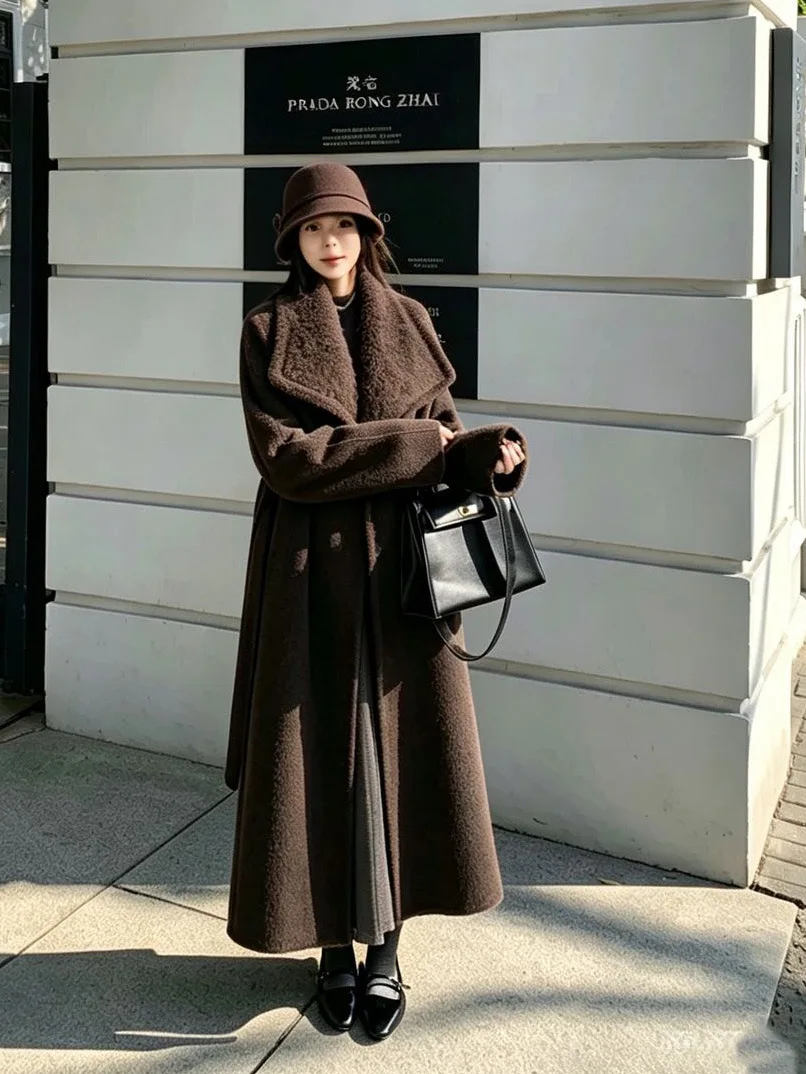 Oversized Lapel Luxury Hand Sewn Double Face Wool Coat Women Long Belted Loose Minimalist Design Autumn Winter Woolen Outerwear