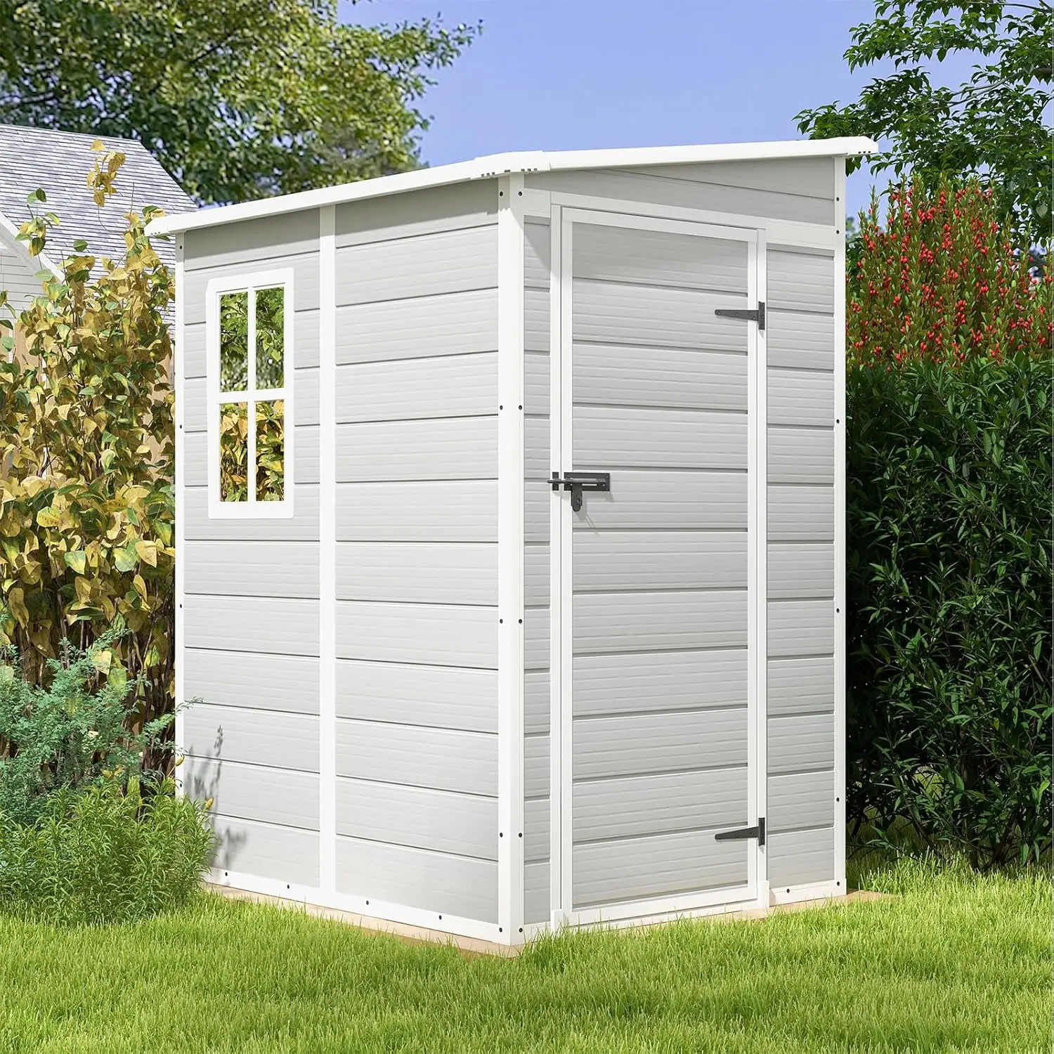 5x4 FT Outdoor Storage Shed, Resin Storage Shed with Floor & Lockable & Window Door for Patio Furniture, Garden Tools