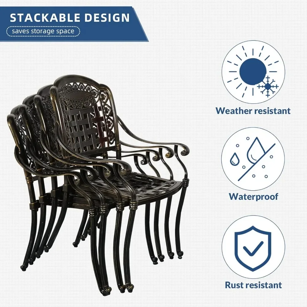 5 Pieces Outdoor Furniture Dining Set, Cast Aluminum Round Patio Table with Umbrella Hole and 4 Cushioned Dining Chairs