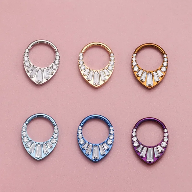 ASTM F136 Titanium Teardrop Hinged Piercing Septum 16G Nose Ring Clicker Ear Daith Helix Grand Tiara CZ Luxurious Body Jewelry