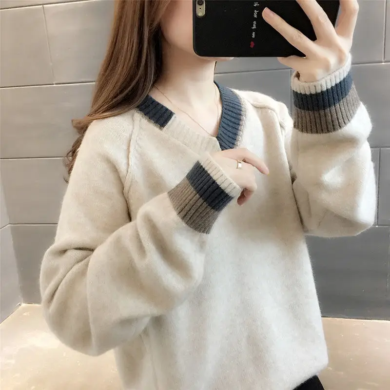 

Korean Version Loose Slimming V-neck Pullover Sweater for Women Autumn Winter Color Blocking Knitted Top Fashion Women Clothing