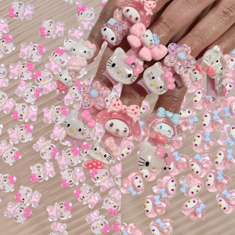 10PCS Sanrio Fine Flash Crystal Nail Charms 3D Resin Sparkle Melodys Hello Kitty Nail Jewelry Y2k Glitter Kuromi Nail Rhinestone