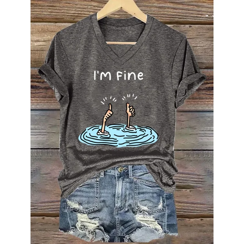 ilstile Women's Letter Print T-Shirts Summer Short Sleeve Casual Loose T Shirt V Neck Tops Tees White Blue Hot Sale