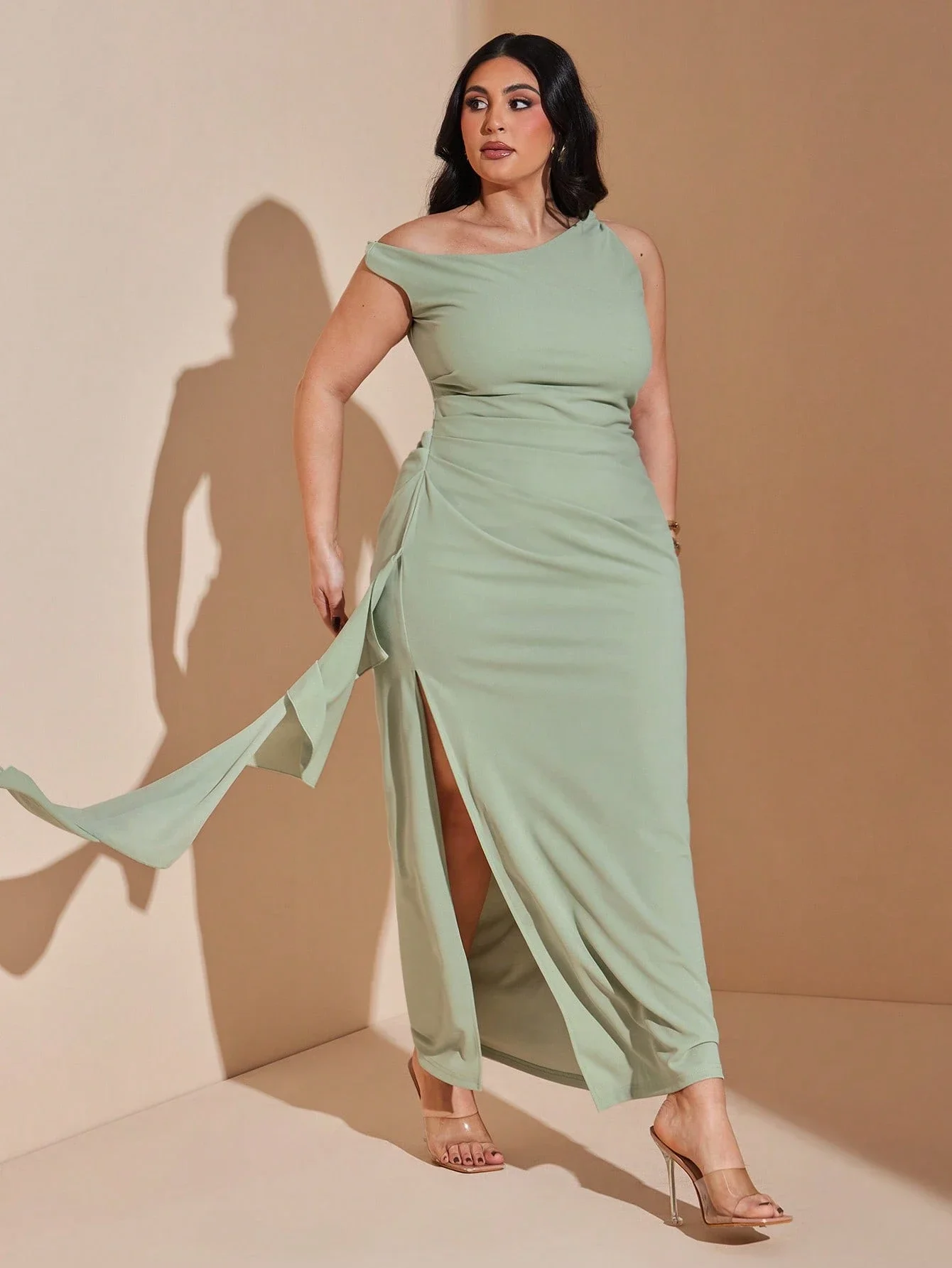 

Elegant Asymmetric Shoulder Long Dress With High Slit Ruffle Wrap For Women