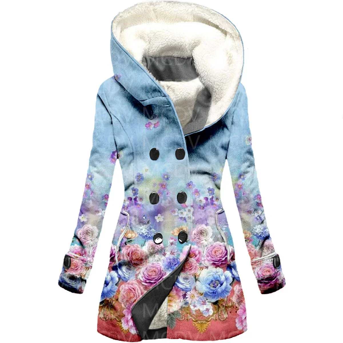 Flower 3D Printed Fleece Hooded Cloak Women Thick Warm Coat Women's Winter Warm Overcoat 05