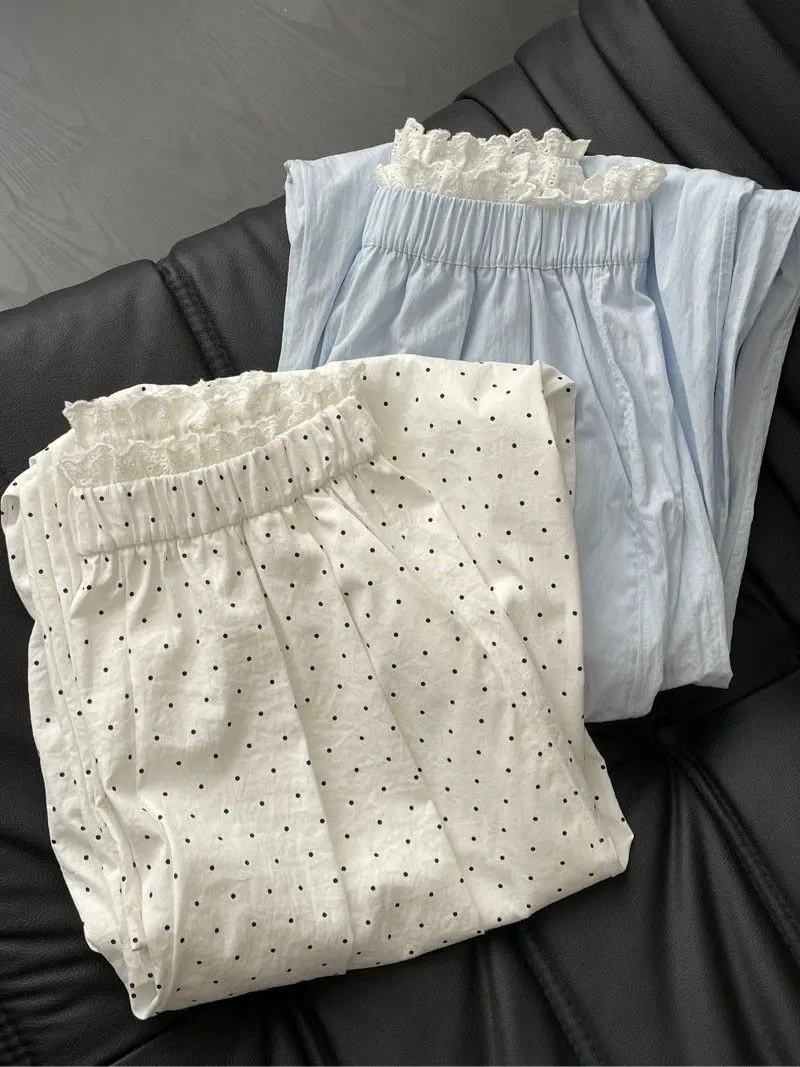 2024 Summer New Women's Fresh Elastic Waist Polka Dot Lace Lace Stitching Idle Style Drooping Wide-Leg Pants