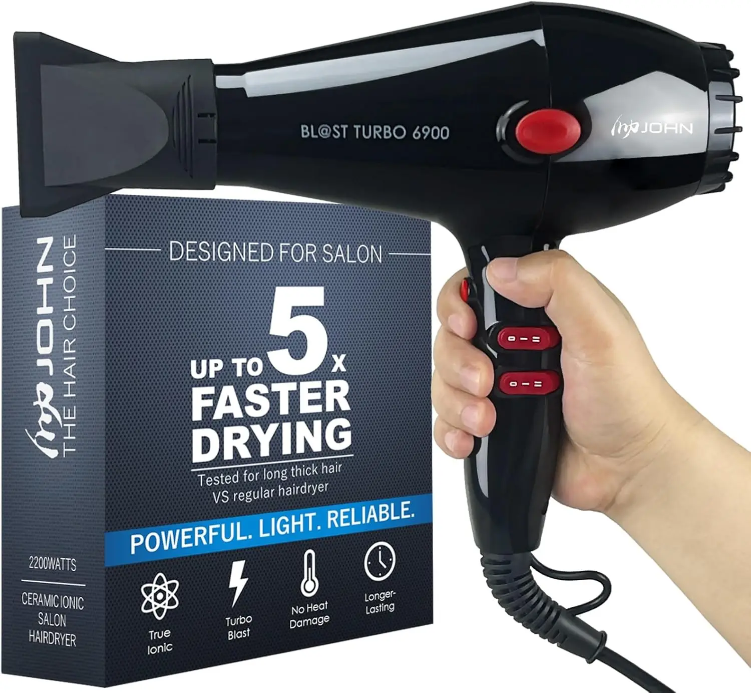 

Super Fast Drying Ionic Hair Dryer, 2200W Professional Salon Blow Dryer with 2 Nozzles and Turbo Blast, Black