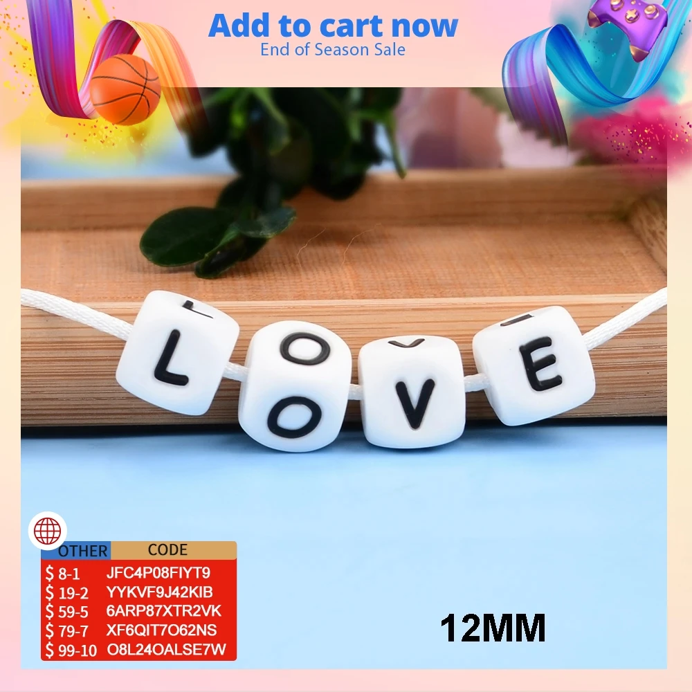 LOFCA 12mm 40pcs Silicone Food Grade Letter Baby Teethers Beads BPA-Free Loose Chewing Alphabet Bead For Personalized Name DIY