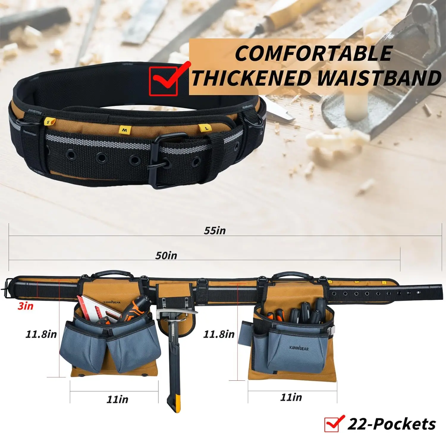 KUNN Carpenter Tool Belt with Suspenders Pro Framer Suspension Tool Rig for Construction Contractors and Electrician,Khaki