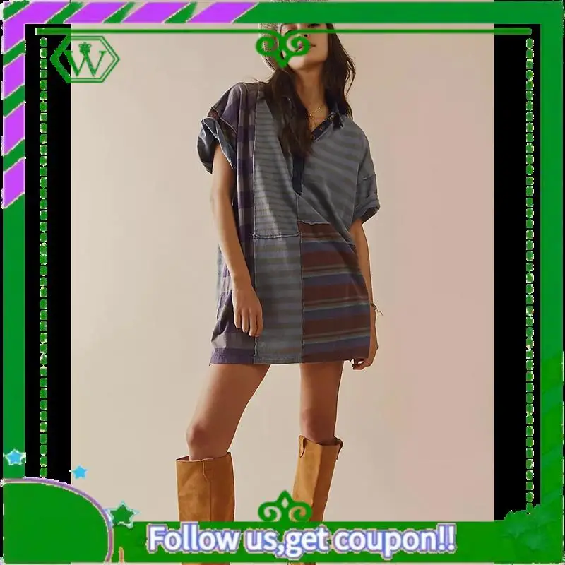 A18P-Women Contrast Striped Babydoll Y2k Summer Patchwork Mini T- Shirt Vintage V Neck Short Sleeve Dress