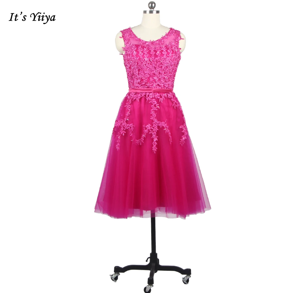 

It's Yiiya Hot Pink Evening Dresses Beading O-neck Sleeveless Zipper Back A-line Tea-length Plus size Women Party Dress LX073