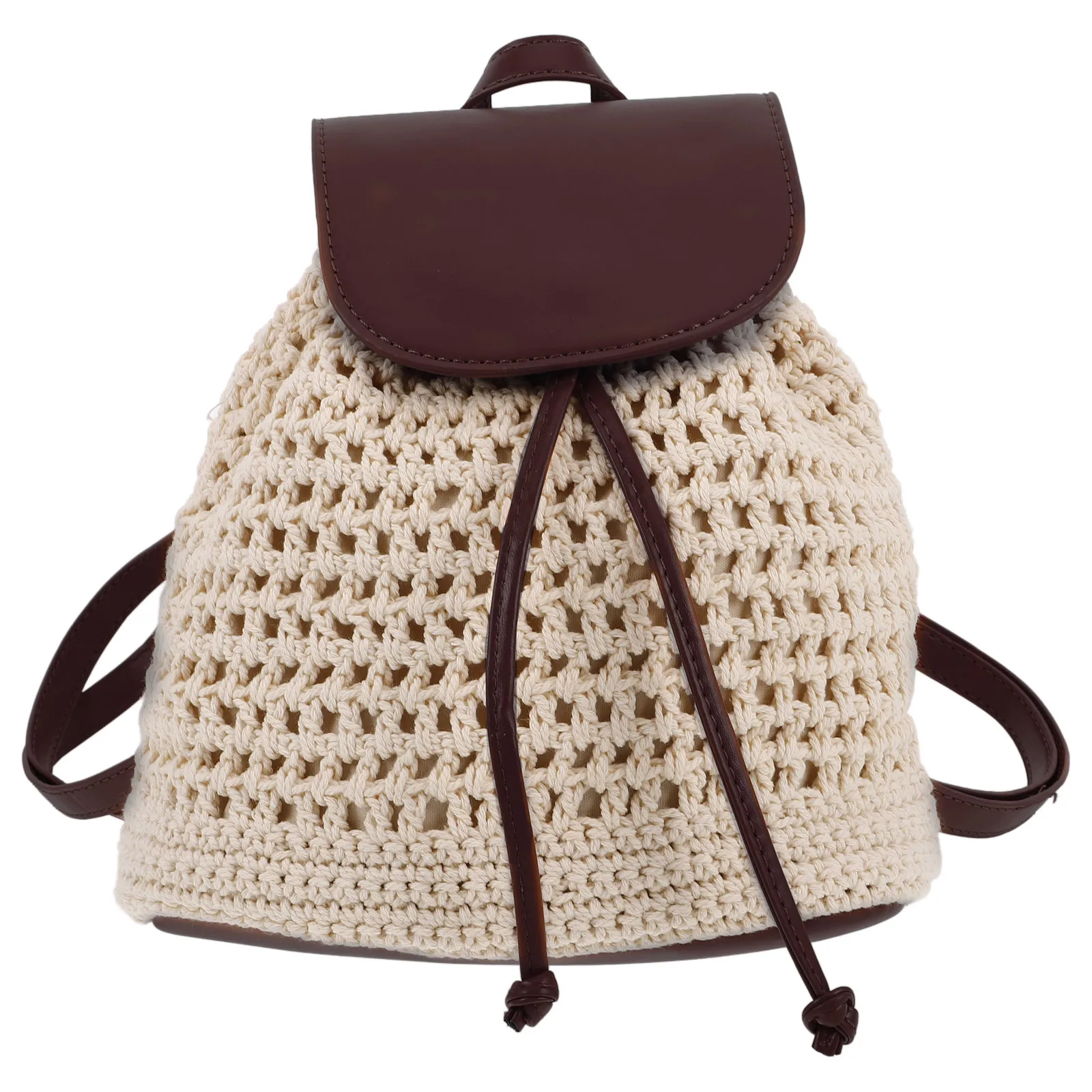 Zaino in tessuto all'uncinetto fatto a mano con patta con coulisse Boho Borsa piccola lavorata a maglia Borsa da spiaggia estiva per donna Zaino da viaggio all'uncinetto
