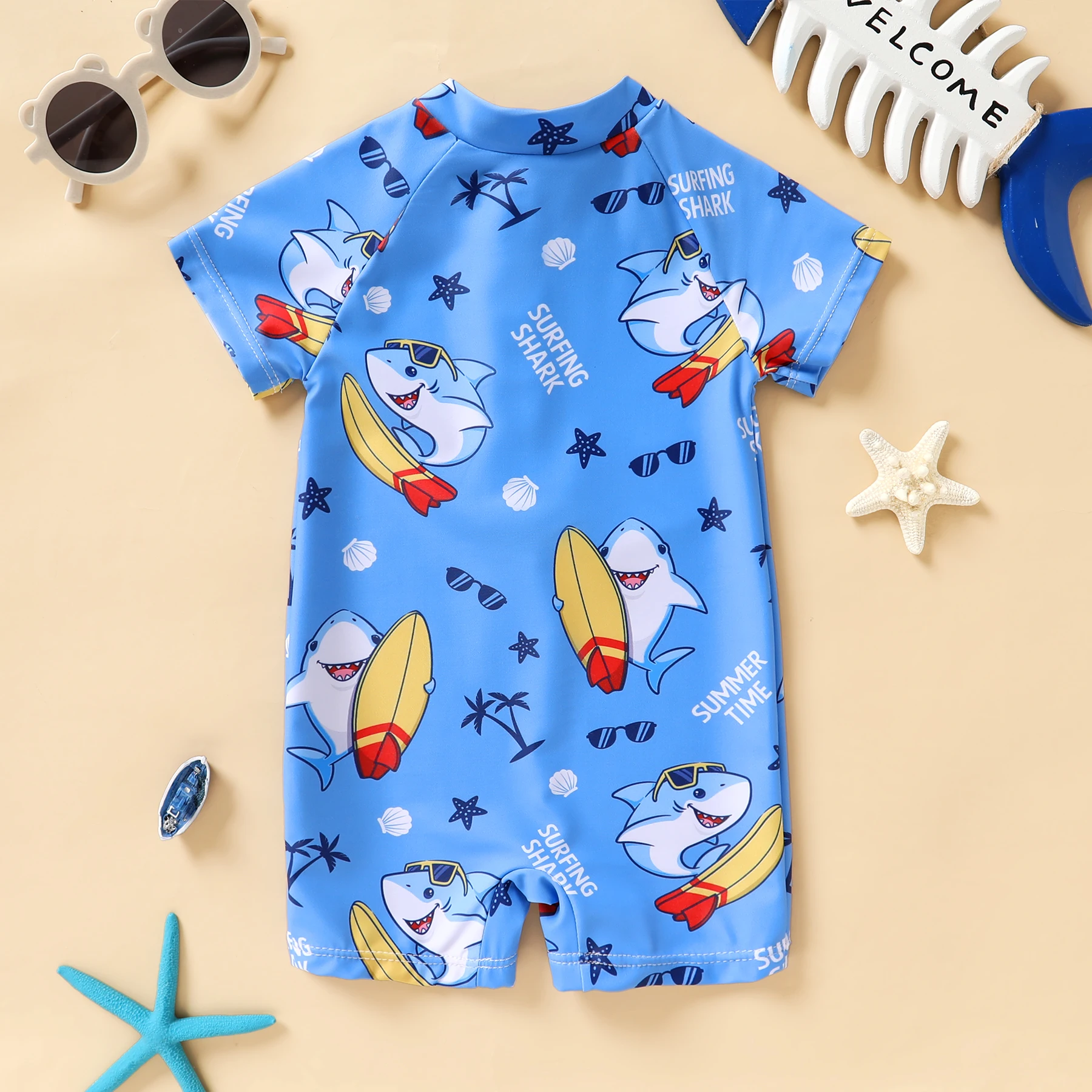 Newborn Baby Boy Swimsuit One Piece Zipper Printed Tight Fitting Short Sleeve Beach Swimwear Bathing Suit