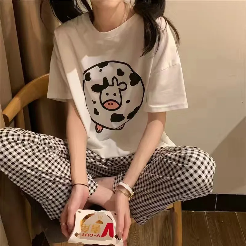 Women\'s Pajamas Summer Two-Piece Set Of New Short-Sleeved Long Pants Loose Big Yards Korean Version Of The Cute Cartoon Homewear