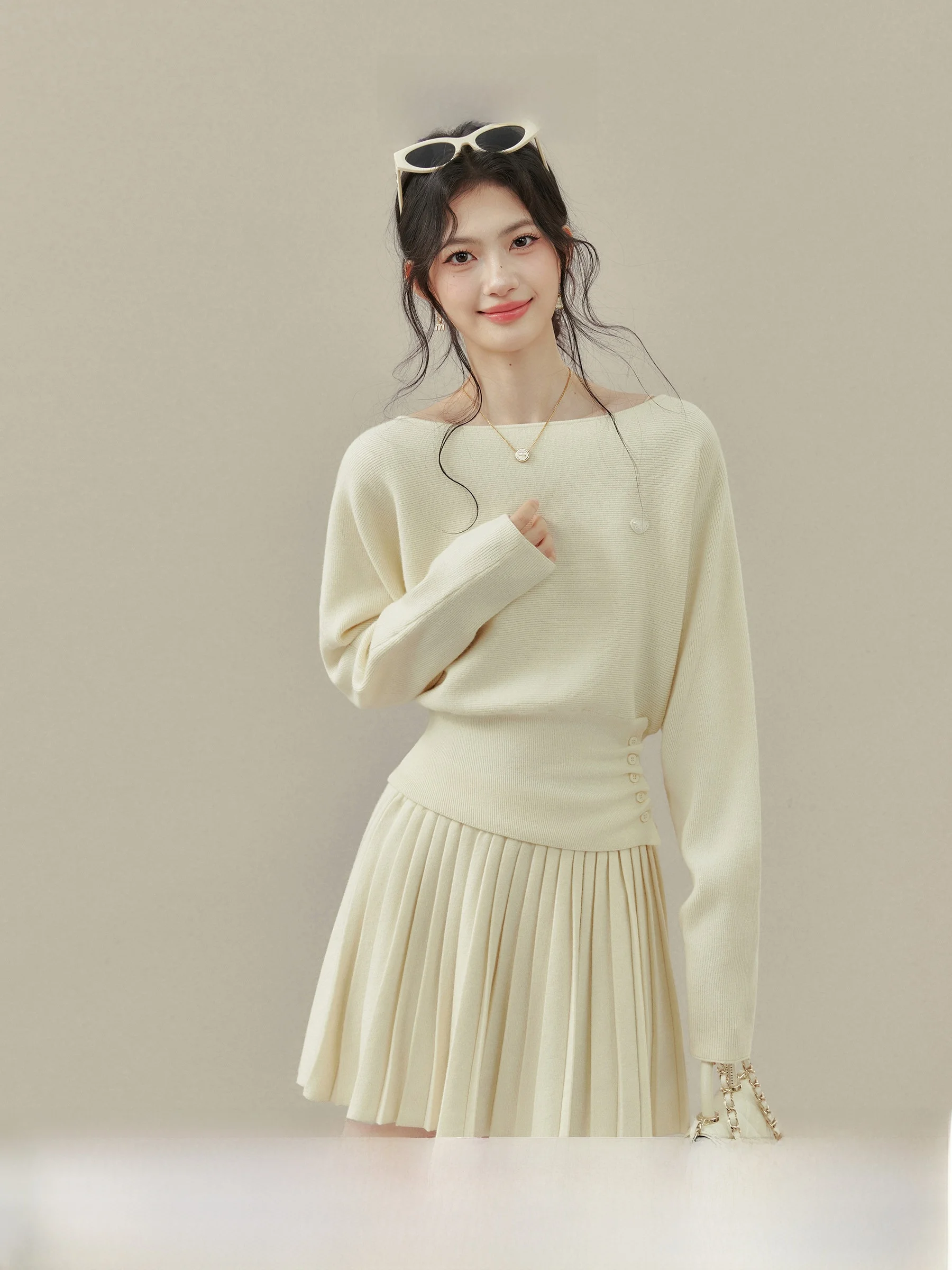 

Elegant Knitted Sweater Top Women's Style Shoulder Winter Fashion Set Casual Leisure Atmosphere Spring Fragrance Collection