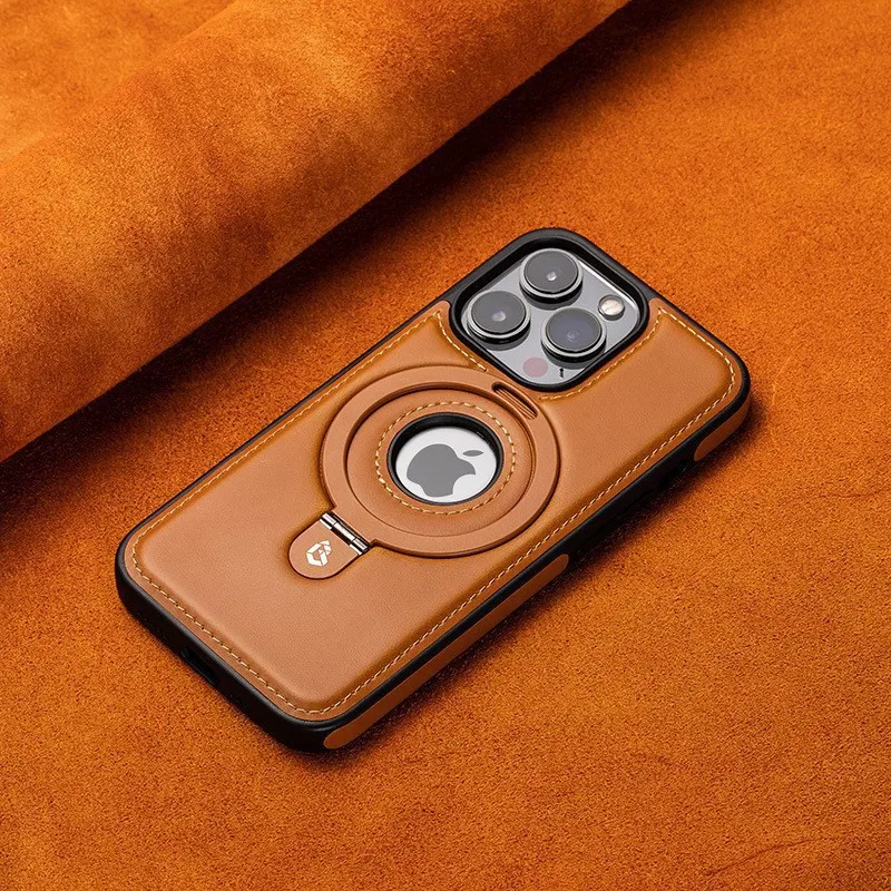Luxury Magnetic Bracket PU Leather Phone Case,For iPhone Series 16 15 14 13 Pro Max Magsafe Wireless Charging Hollow Logo Cover image 5