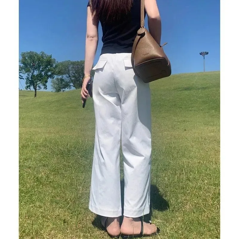 Women's White Wide-Leg Pants Back Flap Pocket Detail Loose Casual Trousers