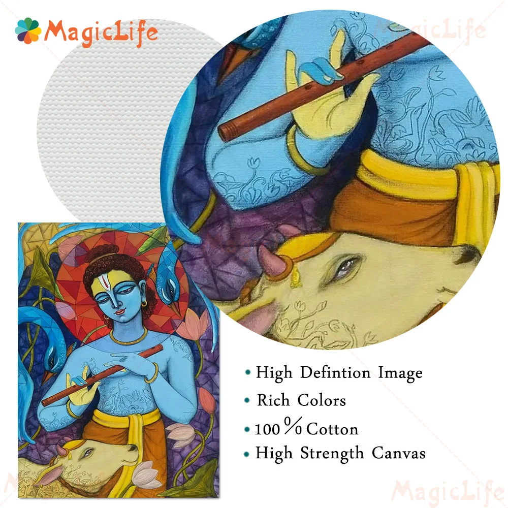 Buddha Krishna Playing Flute Hinduism Religion Posters Wall Pictures For Living Room Poster Wall Art Canvas Painting Unframed