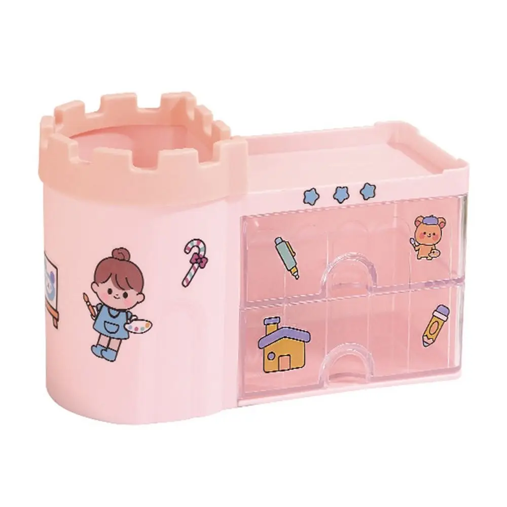 Plastic Pen Holder Castle Shape Dustproof Pen Container Drawer Style Multifunctional Desktop Organizer Back To School