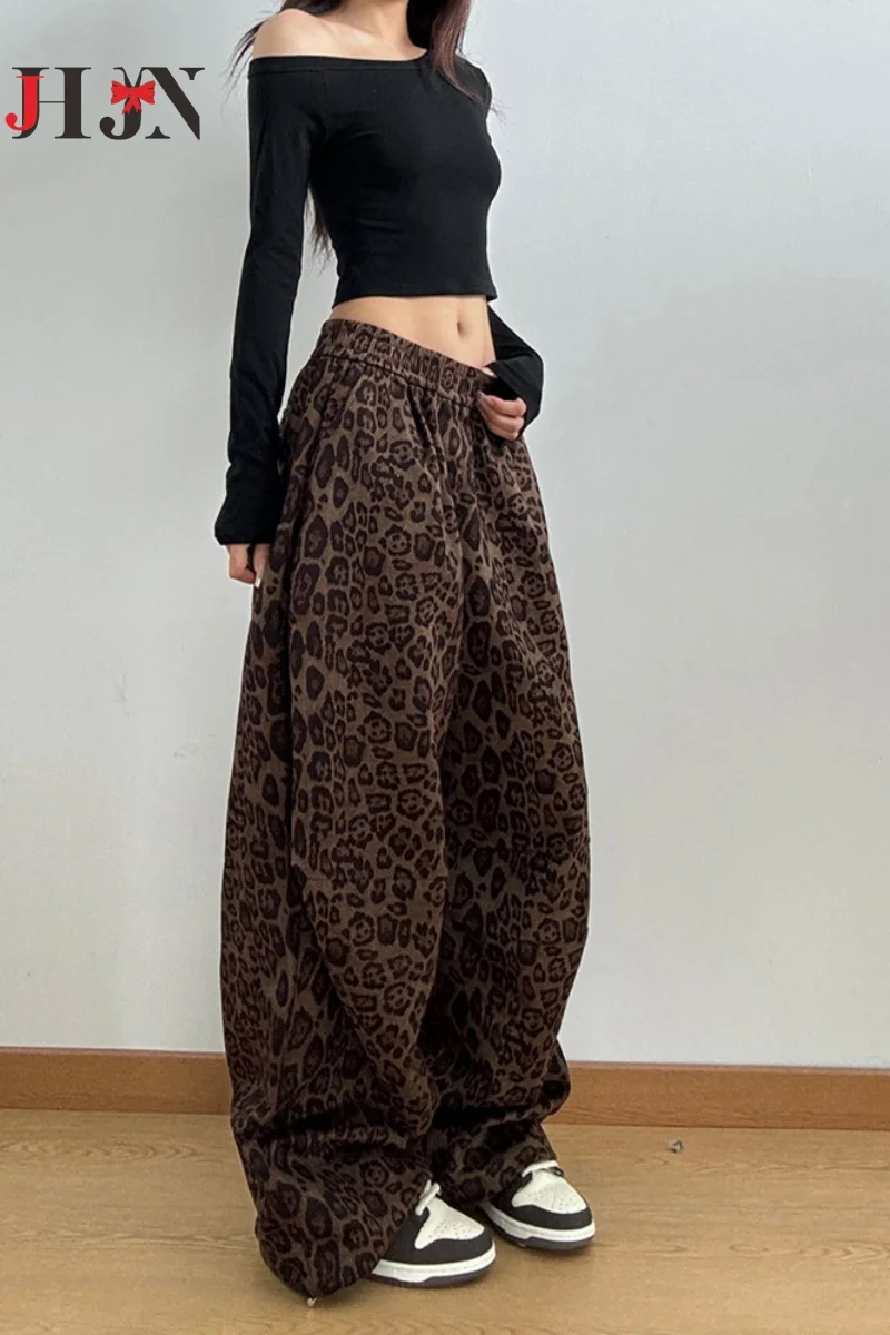 High quality Suede Leopard print Casual Pants Women 2024 Autumn Elasticated High waist Drawstring Loose Thin Wide-legged trouser