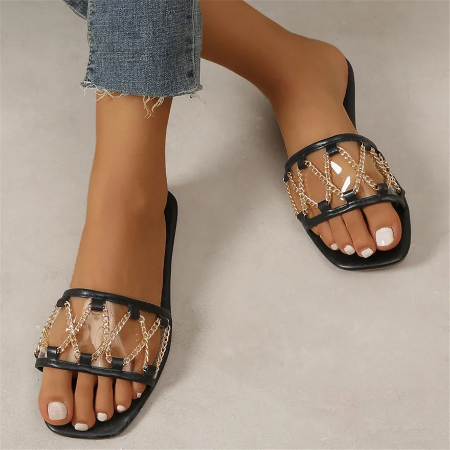 

Plus Size 36-42 Black White Women Flat Beach Slippers 2024 Summer Metal Chain PVC Square Toe Outdoor Shoes Casual Female Sandals