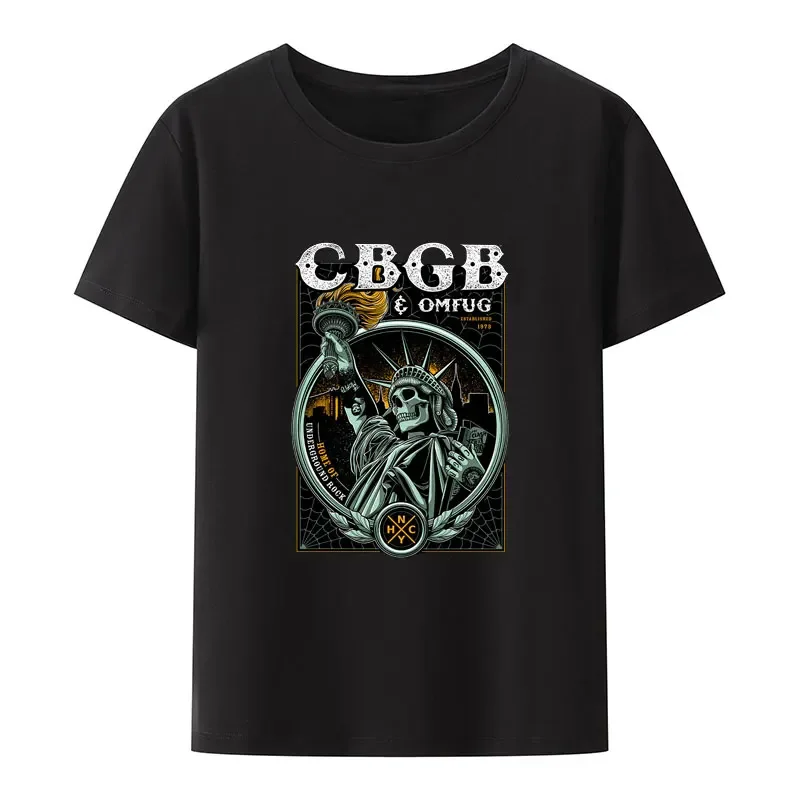 CBGB OMFUG Liberty Skeleton Black White Print Underground Punk Rock Concert Hipster Hip Hop Street Fashion Cool lnformal tops