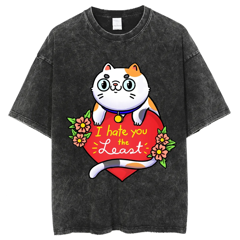 女性用キャットプリントTシャツ,ウォッシュドデニムTシャツ,ラウンドネックTシャツ,ベーシックモデル,カジュアルファッション