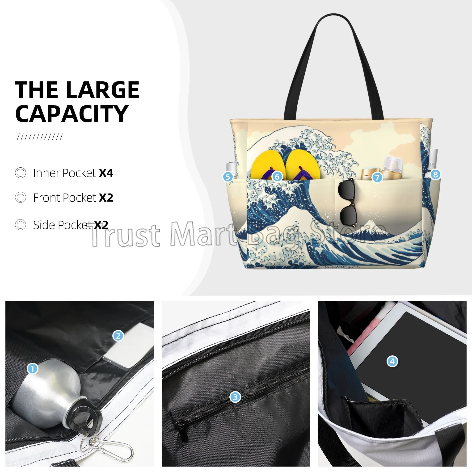 Japanes Sea Waves Large Capacity Beach Travel Bag Women Foldable Tote Bag Pool Bags for Travel Vacation Gym Swim