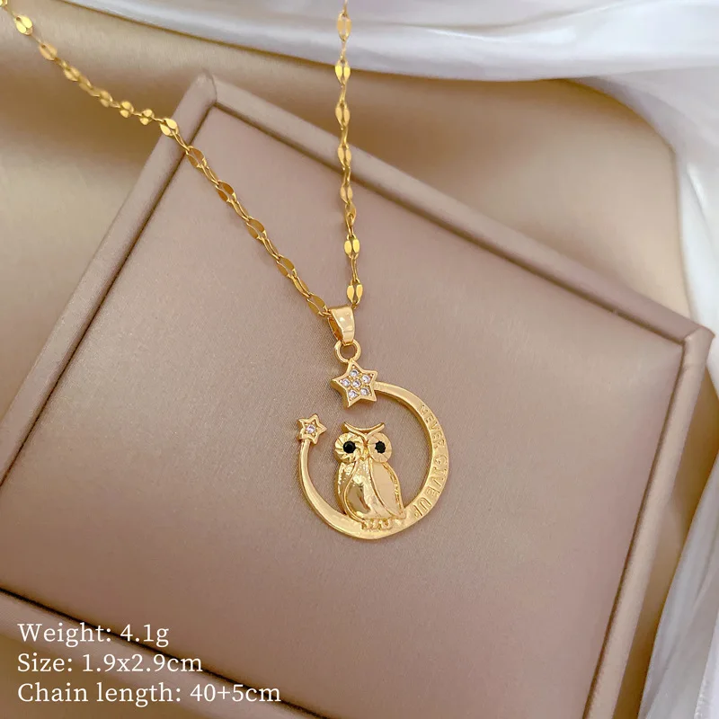 Stainless Steel Chain Moon Owl Light Luxury Gorgeous Pendant Necklace for Women Lady Jewelry Accessories Gifts