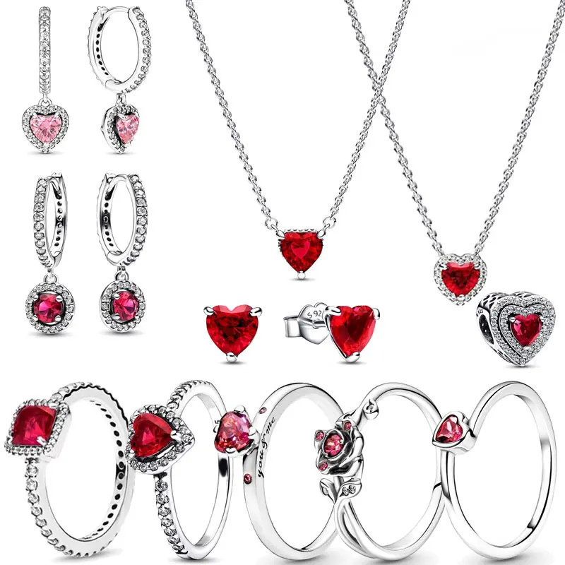 Hot Sale 2024 New 925 Silver Charm Sparkling Red Heart Halo Bead Fit Red Heart Necklace For Women G ift Fine Jewelry Diy