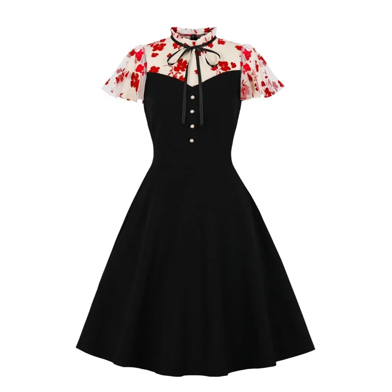 

2024 New Summer Stand Collar Floral Mesh Elegant Party Dress Women's Button Front 50s Vintage Swing Clothes Short Sleeve Dresses