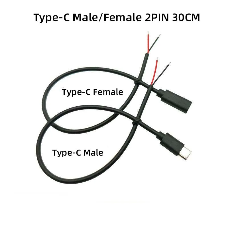 Cable de carga tipo C macho/hembra de 2 pines, cable de extensión de alimentación de un solo extremo con cable soldado estañado en el extremo, 2 uds.