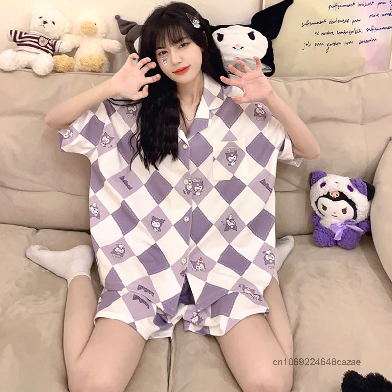 Sanrio Kuromi Clothes Matching Set Women Korean New Trend Pajamas Y2k Tops Short Sleeve Cardigan Shorts Kawaii Soft Sleepwear