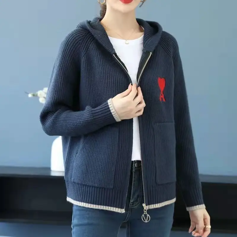 

Fashion Character Embroidery Knitted Cardigan Women's Clothing Casual Hooded Zipper Autumn Winter Pockets Spliced Loose Sweaters