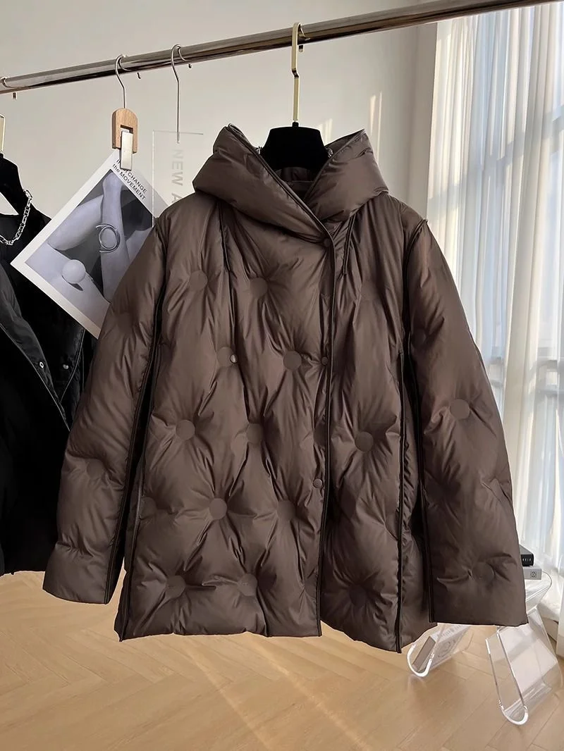 2024 New Korean White Duck Down Winter Women Jacket Thicken Puffer Coat Loose-fit Parka Hooded Warm Cotton-padded Jacket Outerwe