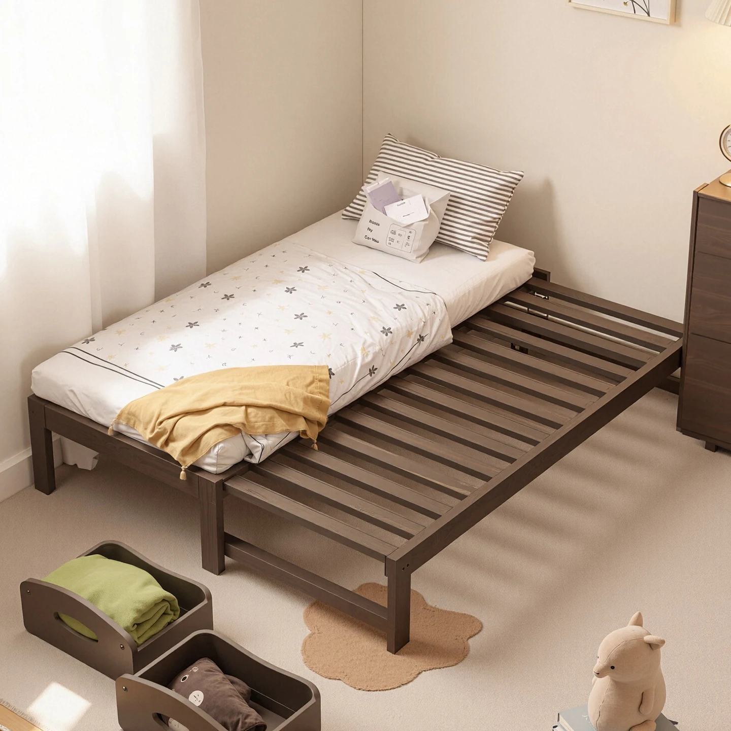 Pull-out bed All solid wood retractable bed Small household living room Bedroom Side pull-out sofa bed Tatami folding