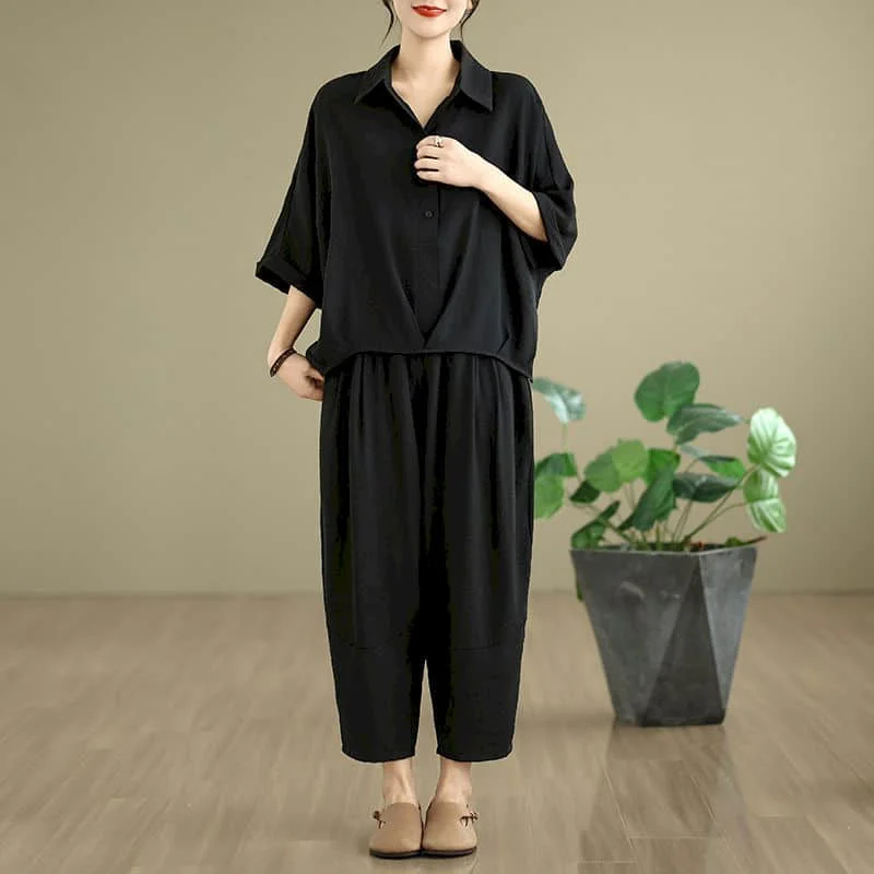 

Solid Pants Sets Spring and Summer Korean Fashion Loose Half Sleeve Polo-neck Shirts and Harem Pants Two Piece Set Women Outfits