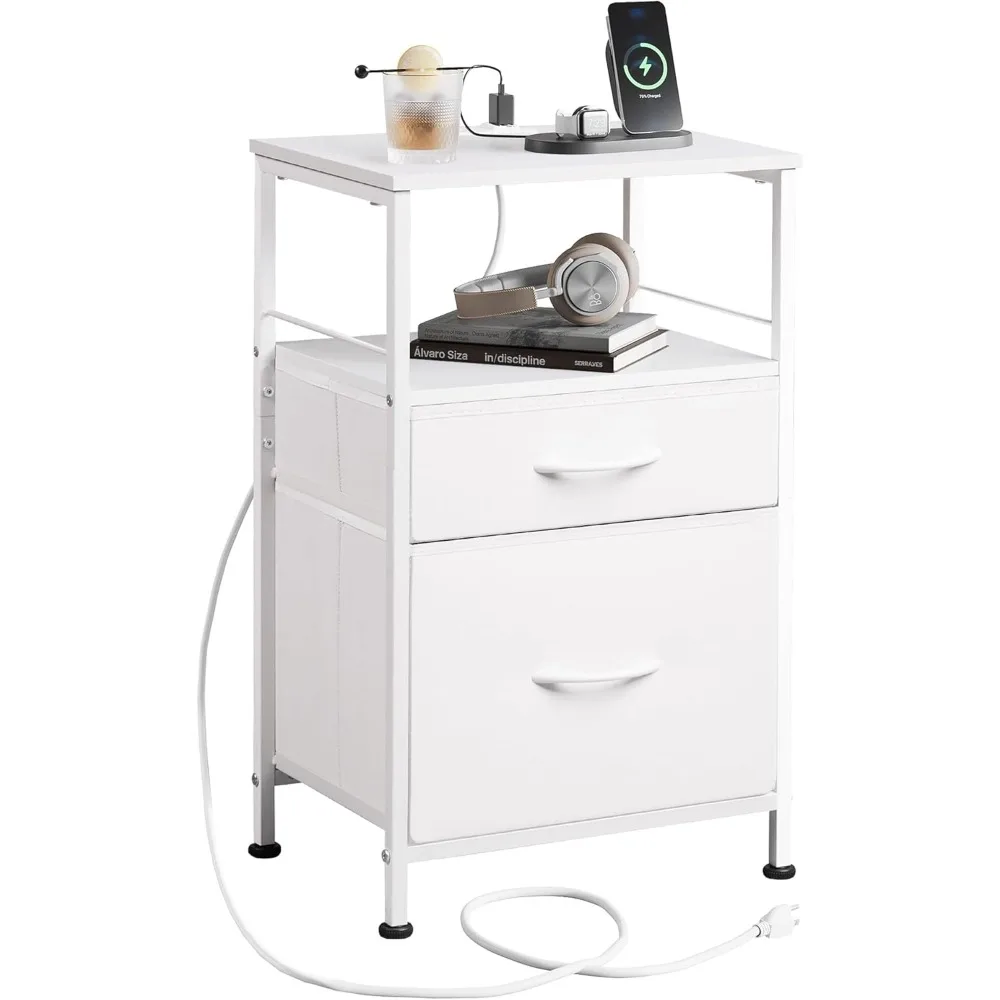 

Night Stand with Charger Station, White Nightstand with 2 Fabric Drawers, Bedside Table, Small Dresser for Bedroom, Side Table