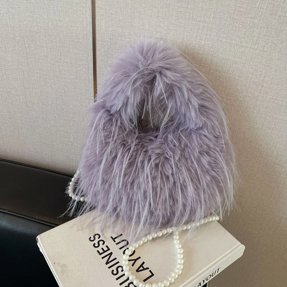 

Sweet Luxury Faux Fur Handbag Soft Solid Color Winter Plush Tote Bag Exquisite Top-Handle Furry Shoulder Bag Office Worker