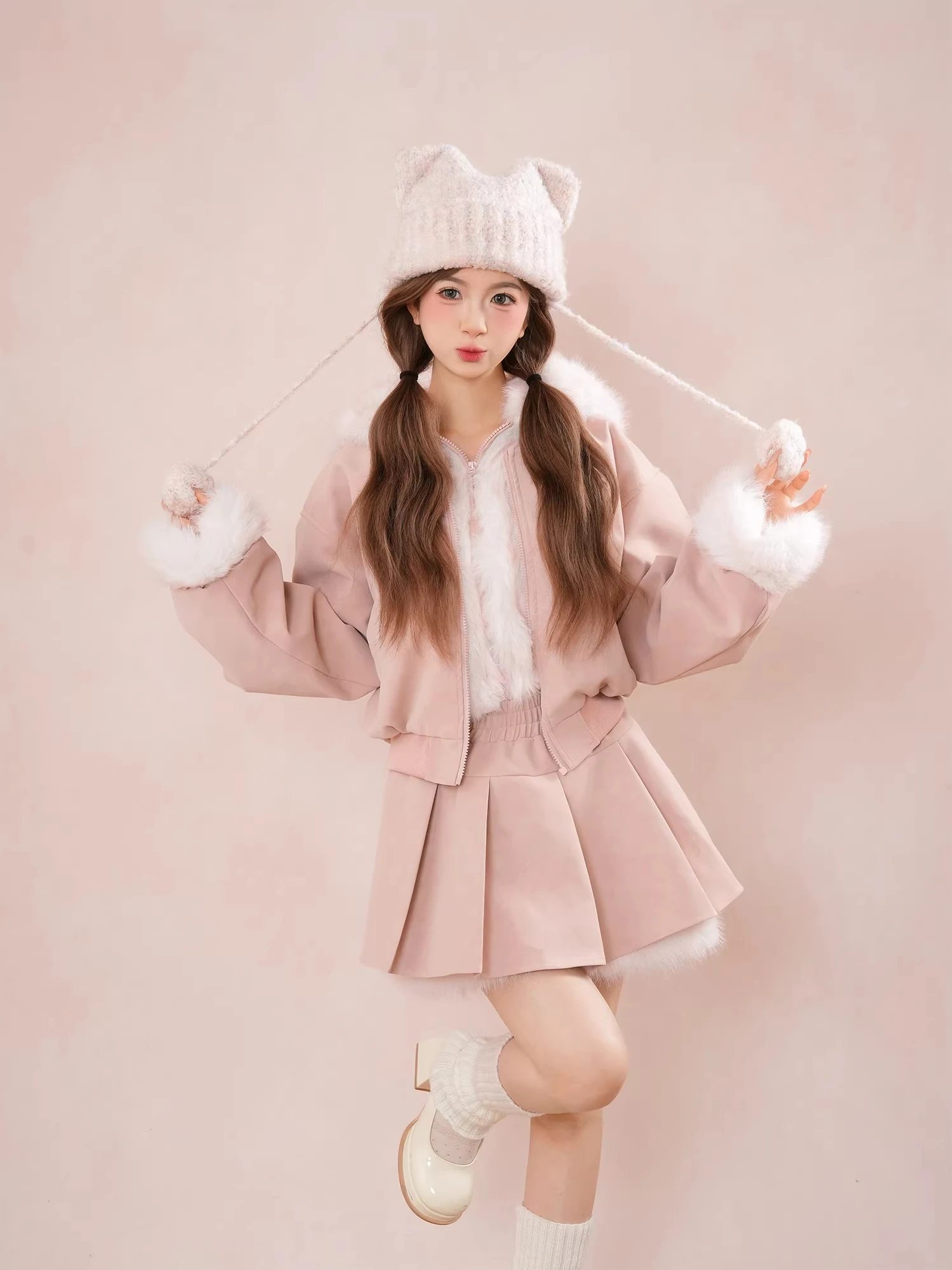 Autumn Winter Cute Women's Suit Small Fragrance Style Dog Ear Large Fur Collar Open Cardigan Hooded Jacket Half Skirt Two Pie...