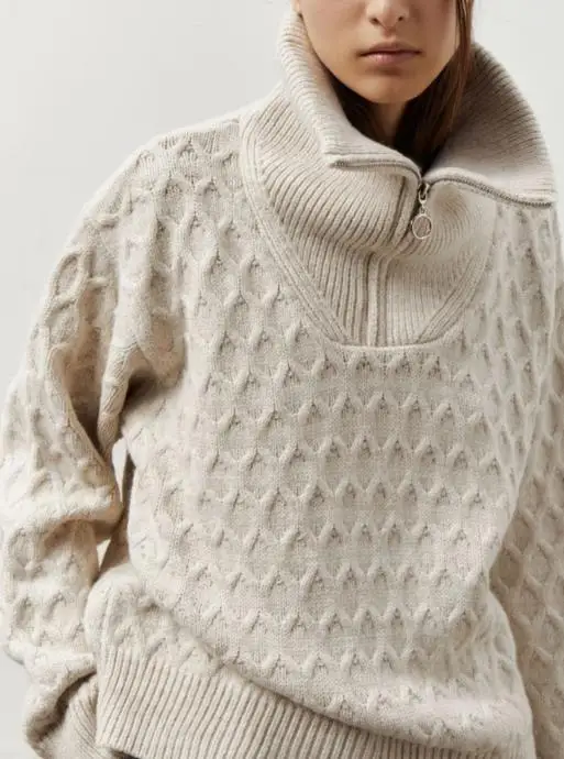 Herbst und Winter 2025, Damen-Pullover, lässig, einfach, einfarbig, Stehkragen, Reißverschluss, Diamant-Jacquard, locker gestrickt, langärmelig