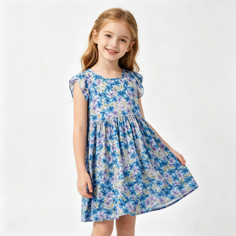 Colorful Tiny Floral Print Girls Dress, Ruffle Sleeve Summer Casual Cotton Dress for Kids 2-16Y Teenage Outfit Dresses